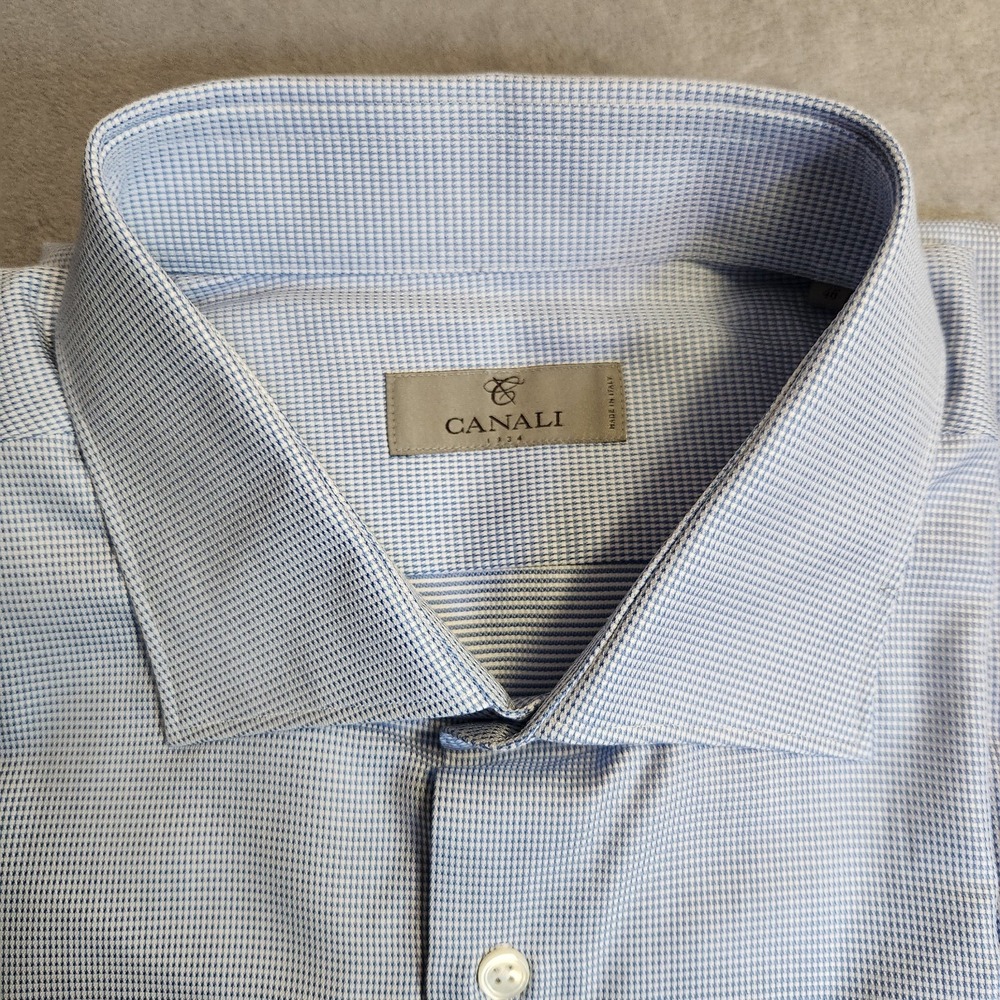 Canali Men's Light Blue Micro-Check Dress Shirt 100% Cotton Italy 46 US 18